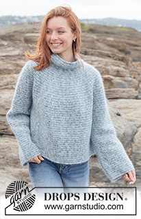 Ocean Whisper / DROPS 263-31 - Pulovr s kruhovým sedlem a račími sloupky háčkovaný shora dolů z přízí DROPS Fiesta a DROPS Kid-Silk. Velikosti: XS - XXXL.