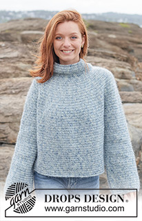 Ocean Whisper / DROPS 263-31 - Pulovr s kruhovým sedlem a račími sloupky háčkovaný shora dolů z přízí DROPS Fiesta a DROPS Kid-Silk. Velikosti: XS - XXXL.
