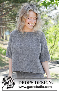 Emery Stone / DROPS 263-37 - Sweter na drutach, z krótkim rękawem, przerabiany od góry do dołu, z włóczki DROPS Alpaca Bouclé. Wykonany dżersejem, z reglanowymi rękawami. Od XS do XXXL.