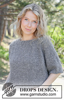 Emery Stone / DROPS 263-37 - Sweter na drutach, z krótkim rękawem, przerabiany od góry do dołu, z włóczki DROPS Alpaca Bouclé. Wykonany dżersejem, z reglanowymi rękawami. Od XS do XXXL.