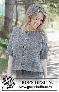Emery Stone Cardigan / DROPS 263-38 - Rozpinany sweter na drutach, z krótkim rękawem, przerabiany od góry do dołu, z włóczki DROPS Alpaca Bouclé. Wykonany dżersejem, z reglanowymi rękawami i brzegiem I-cordem. Od XS do XXXL.