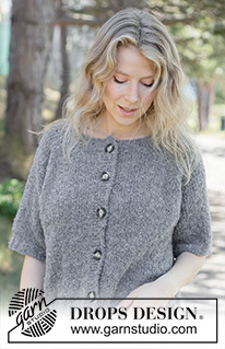 Emery Stone Cardigan / DROPS 263-38 - Rozpinany sweter na drutach, z krótkim rękawem, przerabiany od góry do dołu, z włóczki DROPS Alpaca Bouclé. Wykonany dżersejem, z reglanowymi rękawami i brzegiem I-cordem. Od XS do XXXL.