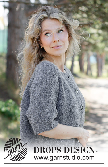 Emery Stone Cardigan / DROPS 263-38 - Rozpinany sweter na drutach, z krótkim rękawem, przerabiany od góry do dołu, z włóczki DROPS Alpaca Bouclé. Wykonany dżersejem, z reglanowymi rękawami i brzegiem I-cordem. Od XS do XXXL.