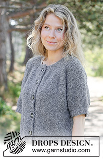 Emery Stone Cardigan / DROPS 263-38 - Rozpinany sweter na drutach, z krótkim rękawem, przerabiany od góry do dołu, z włóczki DROPS Alpaca Bouclé. Wykonany dżersejem, z reglanowymi rękawami i brzegiem I-cordem. Od XS do XXXL.