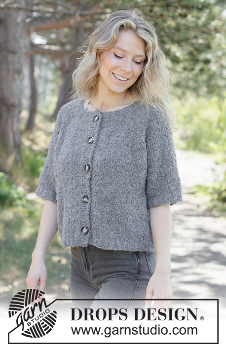 Emery Stone Cardigan / DROPS 263-38 - Rozpinany sweter na drutach, z krótkim rękawem, przerabiany od góry do dołu, z włóczki DROPS Alpaca Bouclé. Wykonany dżersejem, z reglanowymi rękawami i brzegiem I-cordem. Od XS do XXXL.