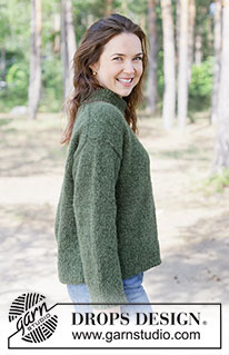 Everfern Sweater / DROPS 263-39 - Gebreide trui in DROPS Brushed Alpaca Silk en DROPS Alpaca. Het werk wordt van boven naar beneden gebreid met Europeaanse schouder/ diagonale schouder, hoge col en tricotsteek. Maat XS – XXXL.