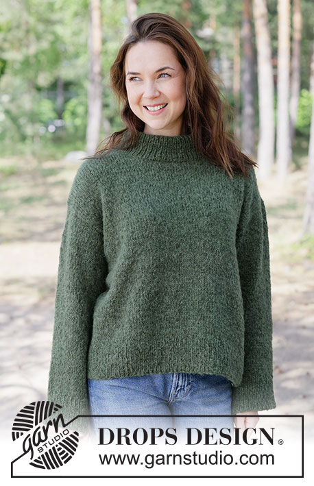 Everfern Sweater / DROPS 263-39 - Gebreide trui in DROPS Brushed Alpaca Silk en DROPS Alpaca. Het werk wordt van boven naar beneden gebreid met Europeaanse schouder/ diagonale schouder, hoge col en tricotsteek. Maat XS – XXXL.