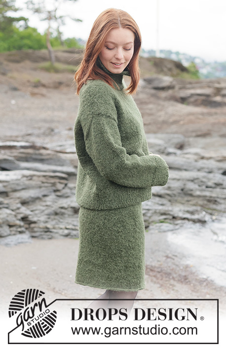 Everfern Skirt / DROPS 263-40 - Knitted knee-length skirt in DROPS Brushed Alpaca Silk and DROPS Alpaca. The piece is worked top down in stocking stitch. Sizes XS - XXXL.