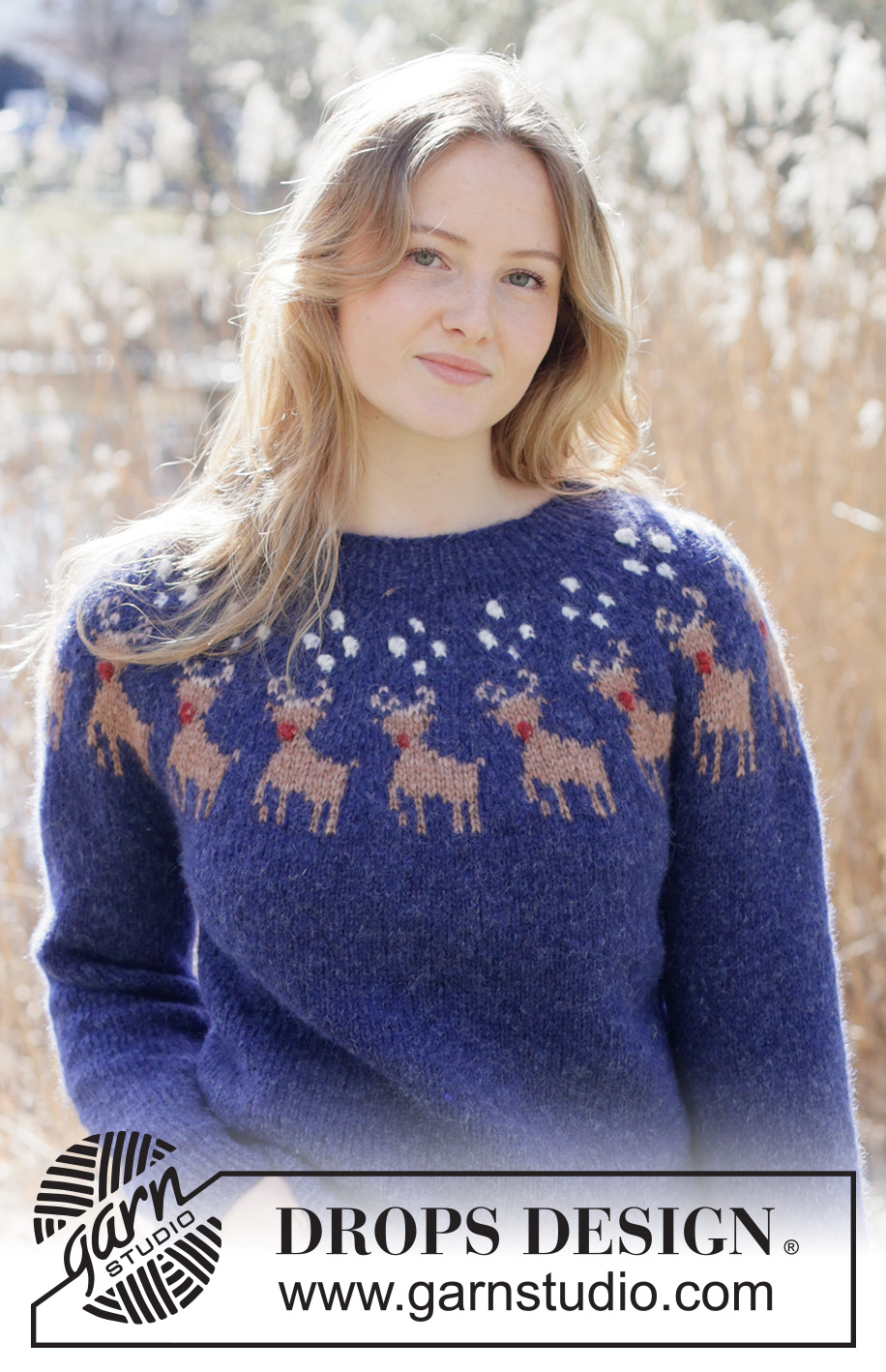 Rudolph's Parade Sweater / DROPS 263-41 - Free knitting pattern Rudolph's Parade Sweater / DROPS 263-41 - Knitted jumper in DROPS Air. The piece is worked top down in stocking stitch with round yoke, multi-coloured pattern and reindeer. Sizes XS - XXXL. Theme: Christmas.