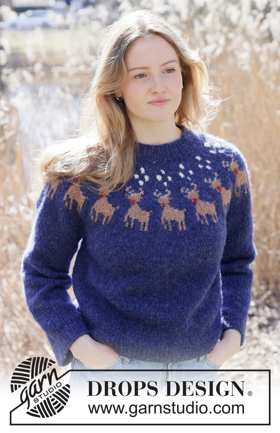Rudolph's Parade Sweater / DROPS 263-41 - Free knitting pattern Rudolph's Parade Sweater / DROPS 263-41 - Knitted jumper in DROPS Air. The piece is worked top down in stocking stitch with round yoke, multi-coloured pattern and reindeer. Sizes XS - XXXL. Theme: Christmas.