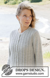 Icy Pearls Sweater / DROPS 263-5 - Rozpinany sweter na drutach, przerabiany od góry do dołu z włóczki DROPS Flora lub DROPS Nord. Z europejskim karczkiem, przodami ściegiem ażurowym, tyłem i rękawami dżersejem i obszyciami przodów z I-cordem. Od XS do XXXL.