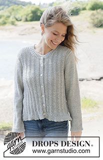 Icy Pearls Sweater / DROPS 263-5 - Rozpinany sweter na drutach, przerabiany od góry do dołu z włóczki DROPS Flora lub DROPS Nord. Z europejskim karczkiem, przodami ściegiem ażurowym, tyłem i rękawami dżersejem i obszyciami przodów z I-cordem. Od XS do XXXL.
