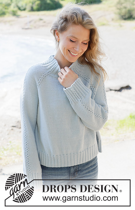 Rain Trail Sweater / DROPS 263-7 - Knitted sweater in DROPS Daisy or DROPS Merino Extra Fine. The piece is worked top down in stockinette stitch, with raglan and small cables. Sizes XS - XXXL.