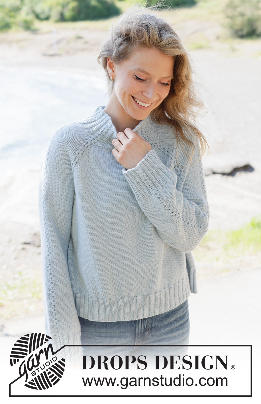 Rain Trail Sweater / DROPS 263-7 - Knitted sweater in DROPS Daisy or DROPS Merino Extra Fine. The piece is worked top down in stockinette stitch, with raglan and small cables. Sizes XS - XXXL.