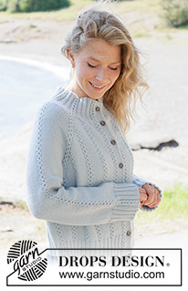 Rain Trail Cardigan / DROPS 263-8 - Raglánový propínací svetr s jemnými copánky pletený shora dolů lícovým žerzejem z příze DROPS Daisy nebo DROPS Merino Extra Fine. Velikosti: XS - XXXL.