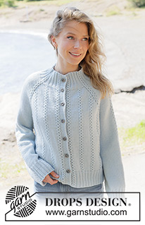Rain Trail Cardigan / DROPS 263-8 - Raglánový propínací svetr s jemnými copánky pletený shora dolů lícovým žerzejem z příze DROPS Daisy nebo DROPS Merino Extra Fine. Velikosti: XS - XXXL.