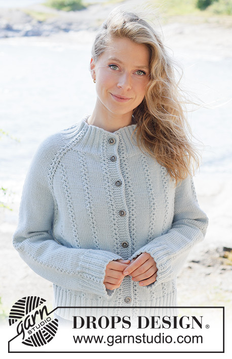 Rain Trail Cardigan / DROPS 263-8 - Raglánový propínací svetr s jemnými copánky pletený shora dolů lícovým žerzejem z příze DROPS Daisy nebo DROPS Merino Extra Fine. Velikosti: XS - XXXL.