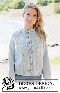Rain Trail Cardigan / DROPS 263-8 - Raglánový propínací svetr s jemnými copánky pletený shora dolů lícovým žerzejem z příze DROPS Daisy nebo DROPS Merino Extra Fine. Velikosti: XS - XXXL.