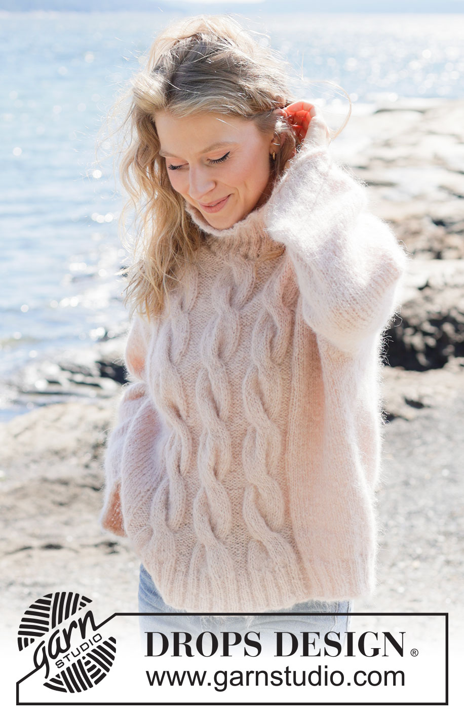 Three Wishes Sweater / DROPS 264-12 - Knitted jumper in 1 strand DROPS Melody or 2 strands DROPS Brushed Alpaca Silk. Piece is knitted top down with diagonal shoulders / European shoulders, cables, rolling edge and high collar. Size XS – XXXL.