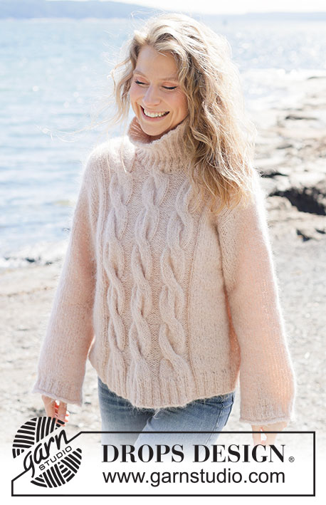 Three Wishes Sweater / DROPS 264-12 - Knitted jumper in 1 strand DROPS Melody or 2 strands DROPS Brushed Alpaca Silk. Piece is knitted top down with diagonal shoulders / European shoulders, cables, rolling edge and high collar. Size XS – XXXL.