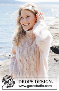 Three Wishes Sweater / DROPS 264-12 - Knitted jumper in 1 strand DROPS Melody or 2 strands DROPS Brushed Alpaca Silk. Piece is knitted top down with diagonal shoulders / European shoulders, cables, rolling edge and high collar. Size XS – XXXL.