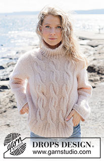 Three Wishes Sweater / DROPS 264-12 - Knitted jumper in 1 strand DROPS Melody or 2 strands DROPS Brushed Alpaca Silk. Piece is knitted top down with diagonal shoulders / European shoulders, cables, rolling edge and high collar. Size XS – XXXL.