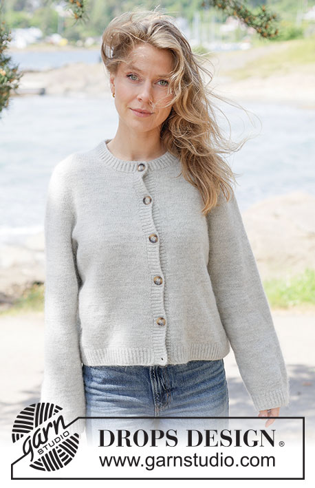 Silver Drift Cardigan / DROPS 264-14 - 1 DROPS Fiesta ja 1 DROPS Kid-Silk lõngadest ülevalt alla parempidises koes kootud Euroopa passega üheskootud varrukatega ja patentkoes servadega kardigan  suurustele XS kuni XXL