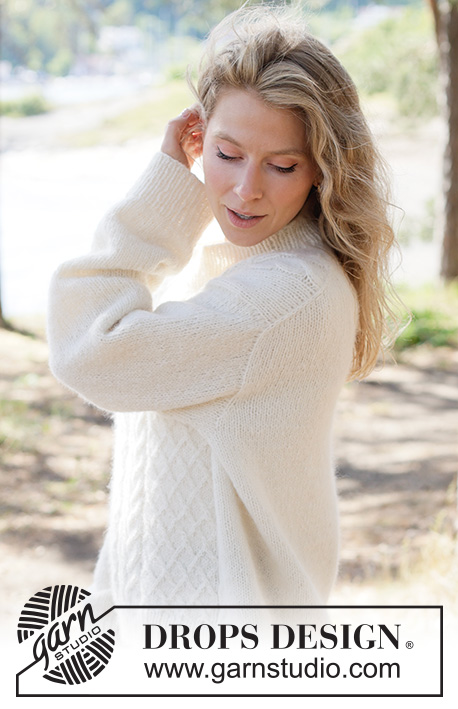 Ivory Whisper Sweater / DROPS 264-18 - Knitted jumper in DROPS Air. The piece is worked top down with European/diagonal shoulders and cables. Sizes XS - XXXL.
