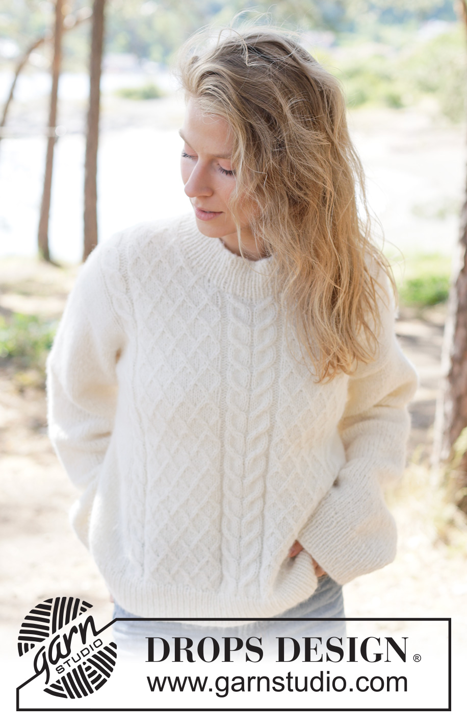 Ivory Whisper Sweater / DROPS 264-18 - Knitted jumper in DROPS Air. The piece is worked top down with European/diagonal shoulders and cables. Sizes XS - XXXL.