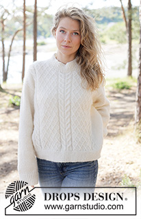 Ivory Whisper Sweater / DROPS 264-18 - Knitted jumper in DROPS Air. The piece is worked top down with European/diagonal shoulders and cables. Sizes XS - XXXL.