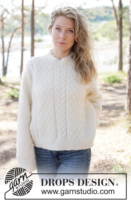 Ivory Whisper Sweater / DROPS 264-18 - Knitted jumper in DROPS Air. The piece is worked top down with European/diagonal shoulders and cables. Sizes XS - XXXL.