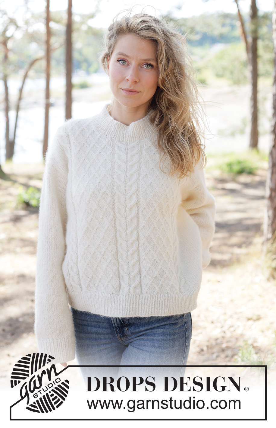 Ivory Whisper Sweater / DROPS 264-18 - Knitted jumper in DROPS Air. The piece is worked top down with European/diagonal shoulders and cables. Sizes XS - XXXL.