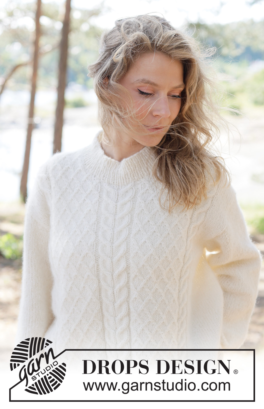 Ivory Whisper Sweater / DROPS 264-18 - Knitted jumper in DROPS Air. The piece is worked top down with European/diagonal shoulders and cables. Sizes XS - XXXL.