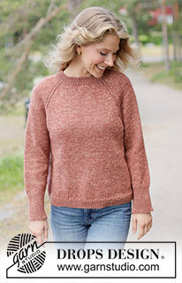 Canyon Twist Sweater / DROPS 264-19 - Sweter na drutach przerabiany od góry do dołu z włóczki DROPS Fiesta. Przerabiany dżersejem, z reglanowymi rękawami. Od XS do XXXL.