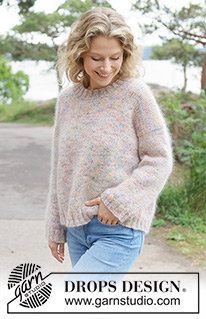 Unicorn Speckles / DROPS 264-2 - Pulovr se zešikmenými/evropskými náramenicemi pletený shora dolů z 1 vlákna příze DROPS Fiesta a 2 vláken příze DROPS Kid-Silk. Velikosti: XS – XXL.
