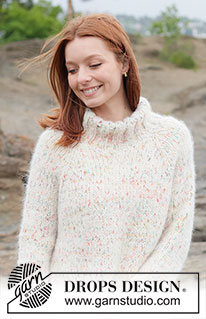 Birthday Sprinkles Sweater / DROPS 264-21 - Jersey de punto en 1 hilo DROPS Fiesta y 1 hilo DROPS Melody. La pieza está tejida en punto jersey de arriba hacia abajo, con raglán y cuello alto. Tallas XS – XXXL.

