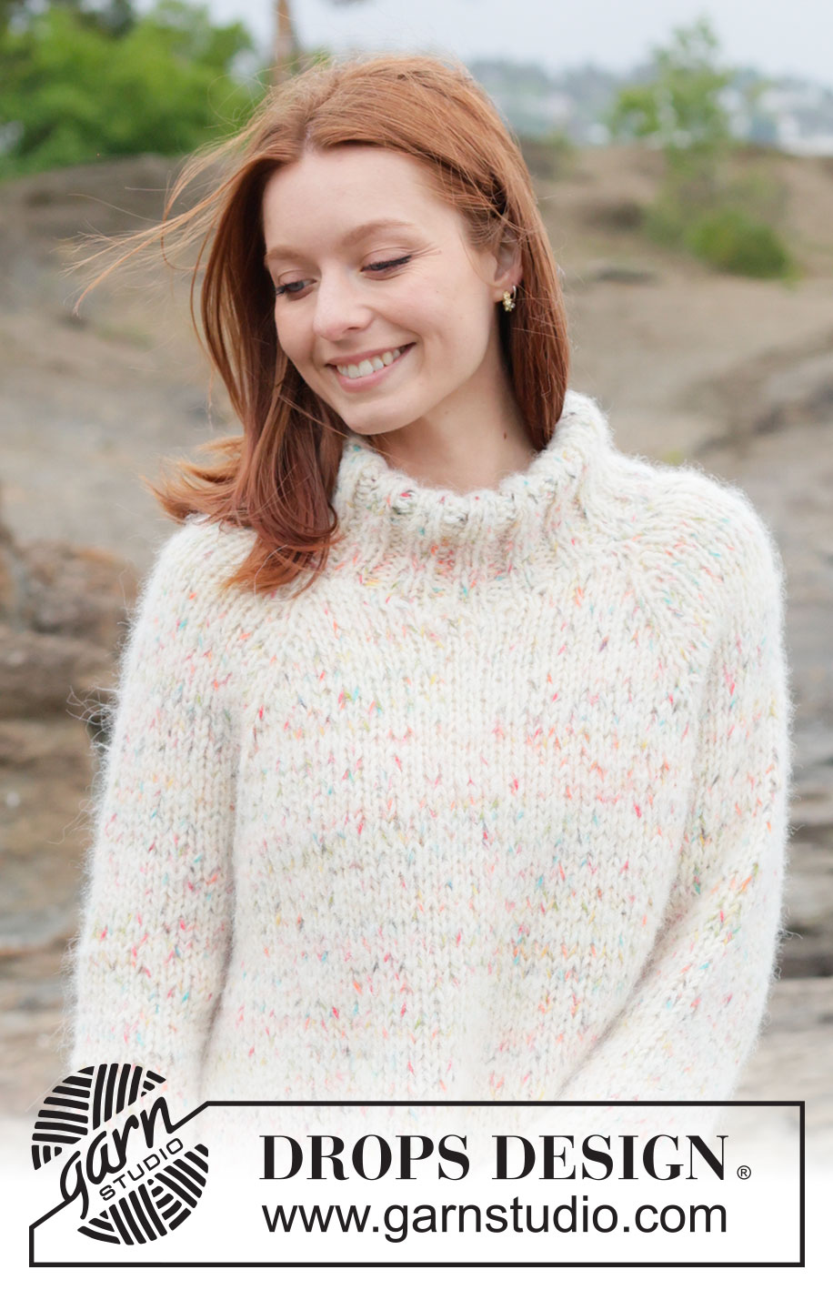 Birthday Sprinkles Sweater / DROPS 264-21 - Jersey de punto en 1 hilo DROPS Fiesta y 1 hilo DROPS Melody. La pieza está tejida en punto jersey de arriba hacia abajo, con raglán y cuello alto. Tallas XS – XXXL.


