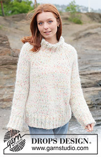 Birthday Sprinkles Sweater / DROPS 264-21 - Jersey de punto en 1 hilo DROPS Fiesta y 1 hilo DROPS Melody. La pieza está tejida en punto jersey de arriba hacia abajo, con raglán y cuello alto. Tallas XS – XXXL.

