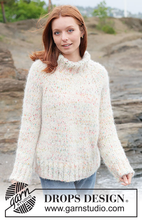 Birthday Sprinkles Sweater / DROPS 264-21 - Jersey de punto en 1 hilo DROPS Fiesta y 1 hilo DROPS Melody. La pieza está tejida en punto jersey de arriba hacia abajo, con raglán y cuello alto. Tallas XS – XXXL.

