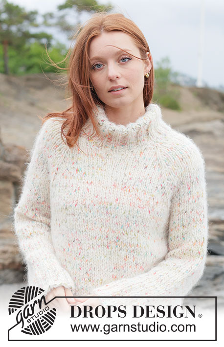 Birthday Sprinkles Sweater / DROPS 264-21 - Jersey de punto en 1 hilo DROPS Fiesta y 1 hilo DROPS Melody. La pieza está tejida en punto jersey de arriba hacia abajo, con raglán y cuello alto. Tallas XS – XXXL.

