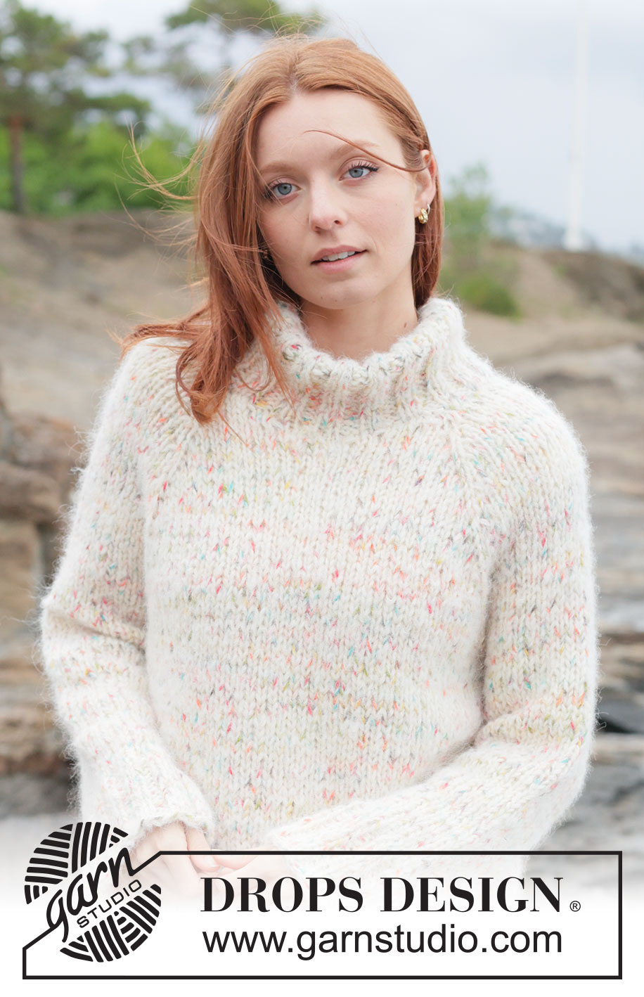 Birthday Sprinkles Sweater / DROPS 264-21 - Jersey de punto en 1 hilo DROPS Fiesta y 1 hilo DROPS Melody. La pieza está tejida en punto jersey de arriba hacia abajo, con raglán y cuello alto. Tallas XS – XXXL.


