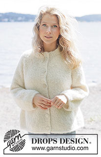 Frost Bloom Cardigan / DROPS 264-24 - Gestrickte Jacke in DROPS Alpaca Bouclé und DROPS Brushed Alpaca Silk. Die Arbeit wird glatt rechts von oben nach unten mit Raglan, Ballonärmeln und I-Cord gestrickt. Größe XS - XXXL.