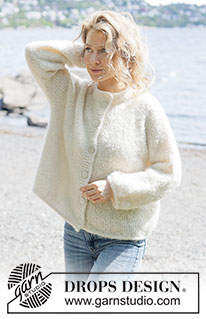 Frost Bloom Cardigan / DROPS 264-24 - Gestrickte Jacke in DROPS Alpaca Bouclé und DROPS Brushed Alpaca Silk. Die Arbeit wird glatt rechts von oben nach unten mit Raglan, Ballonärmeln und I-Cord gestrickt. Größe XS - XXXL.