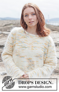 Painted Coastline Sweater / DROPS 264-27 - Strikket bluse i 1 tråd DROPS Fiesta og 2 tråde DROPS Kid-Silk. Arbejdet strikkes oppefra og ned i glatstrik med europæisk bærestykke og i-cord. Størrelse XS - XXXL.