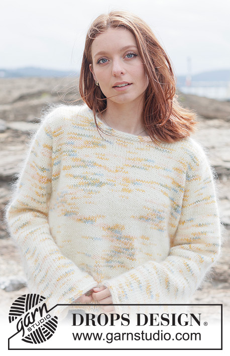 Painted Coastline Sweater / DROPS 264-27 - Strikket bluse i 1 tråd DROPS Fiesta og 2 tråde DROPS Kid-Silk. Arbejdet strikkes oppefra og ned i glatstrik med europæisk bærestykke og i-cord. Størrelse XS - XXXL.