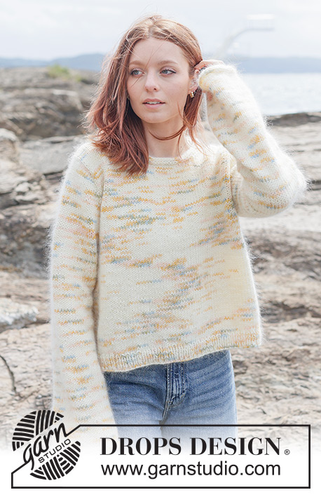 Painted Coastline Sweater / DROPS 264-27 - Strikket bluse i 1 tråd DROPS Fiesta og 2 tråde DROPS Kid-Silk. Arbejdet strikkes oppefra og ned i glatstrik med europæisk bærestykke og i-cord. Størrelse XS - XXXL.