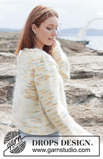 Painted Coastline Sweater / DROPS 264-27 - Strikket bluse i 1 tråd DROPS Fiesta og 2 tråde DROPS Kid-Silk. Arbejdet strikkes oppefra og ned i glatstrik med europæisk bærestykke og i-cord. Størrelse XS - XXXL.