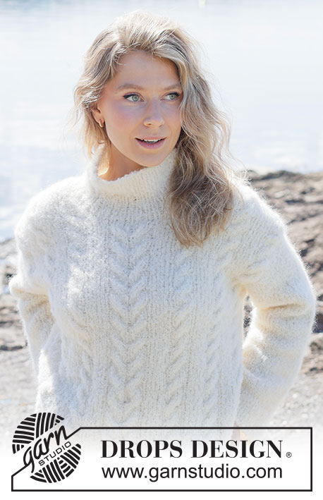 Moon Thread Sweater / DROPS 264-28 - Knitted over-sized jumper in DROPS Alpaca Bouclé and DROPS Kid-Silk. The piece is worked top down with diagonal/European shoulders and cables. Sizes XS - XXXL.