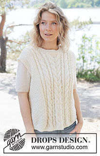 Vanilla Meringue Vest / DROPS 264-29 - Knitted vest in DROPS Alaska or DROPS Big Merino. The piece is worked bottom up with cables, moss stitch and ribbed edges. Sizes XS - XXXL.