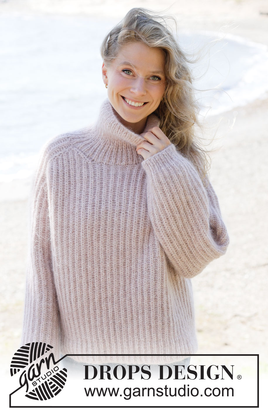 Ribs and Roses Sweater / DROPS 264-3 - Strikket genser i 1 tråd DROPS Air og 1 tråd DROPS Kid-Silk. Arbeidet strikkes ovenfra og ned med sadelskulder, patent og høy hals. Størrelse XS - XXXL.
